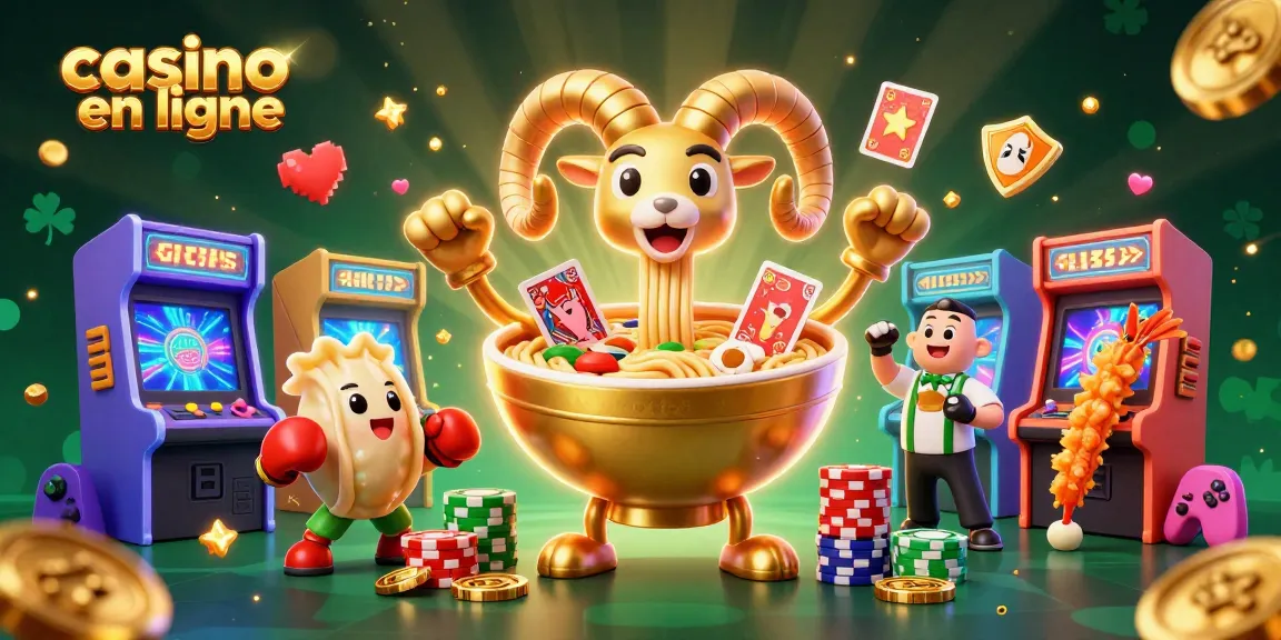 Le casino en ligne vibrant illustré par un bol de ramen géant interagissant avec des personnages adorables tout en jouant.