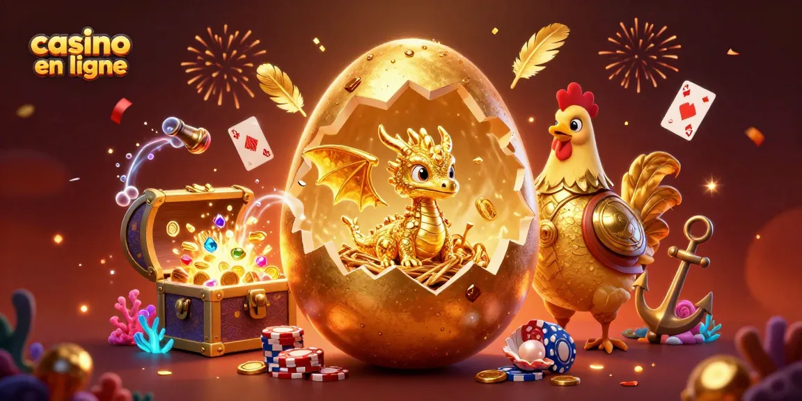 Jouez à des jeux de casino en ligne avec un dragon doré entouré de jetons de poker.