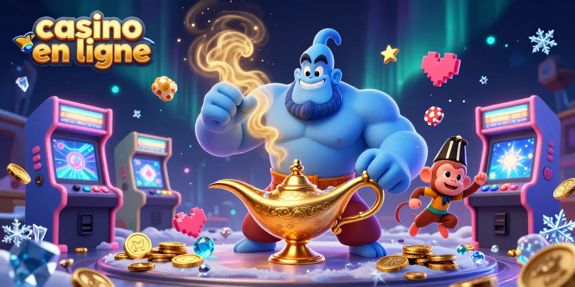 Plongée dans l'univers du casino en ligne avec un génie magique, un singe espiègle et un tapis volant remplis de jetons.