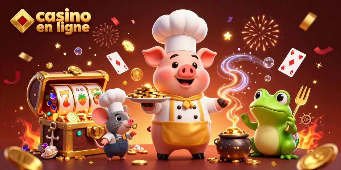 Illustration dynamique où la cuisine rencontre le casino en ligne, mettant en scène un chef, un sous-chef et un critique, entourés de trésors.