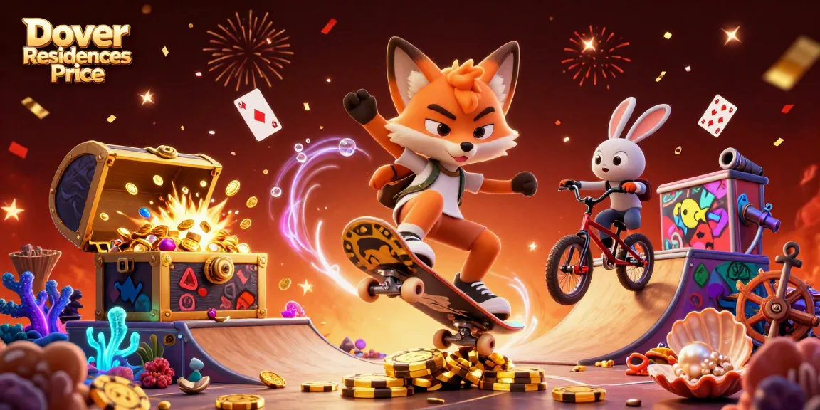 Dover Residences Price showcases a vibrant casino-themed scene featuring a skateboarder fox and BMX rabbit, engaging in an energetic display among casino symbols.