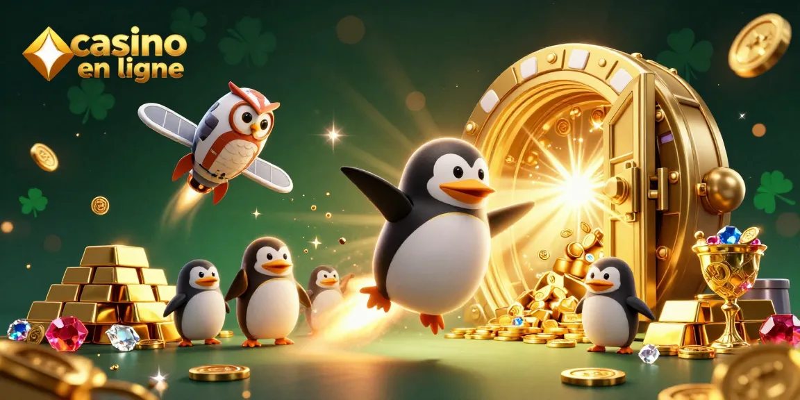 Une illustration dynamique de casino en ligne avec un pingouin doré et une station spatiale en forme de jeton de poker.