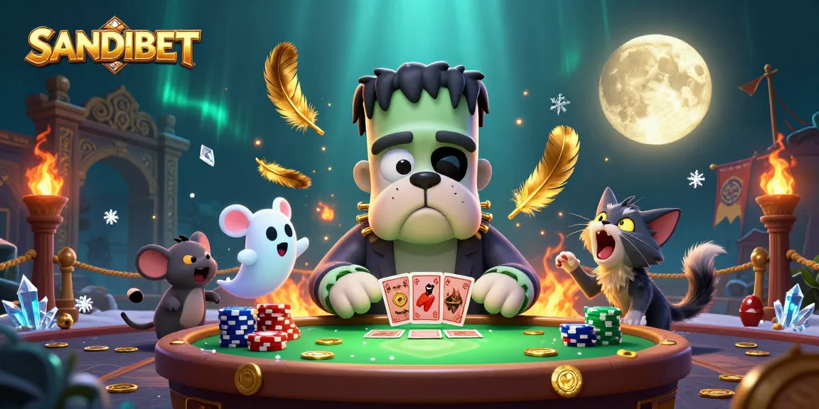 SANDIBET reveals a thrilling casino adventure with dynamic 3D characters engaged in card games.