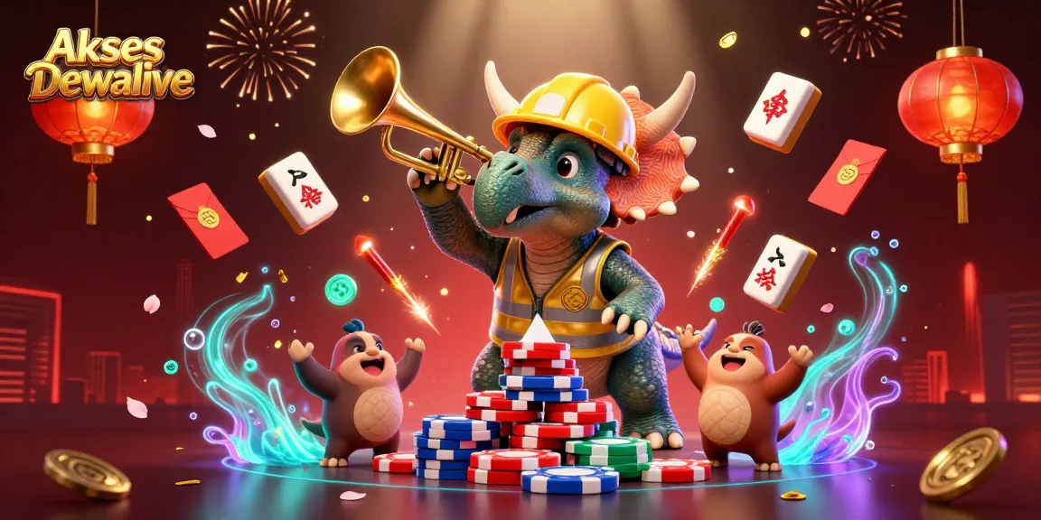 Akses Dewalive showcases a vibrant celebration of casino culture with cartoon characters building a poker chip pyramid.