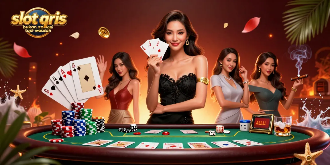 Engage in thrilling gameplay at slot qris bukan solusi tapi masalah featuring an elegant woman revealing her hand.