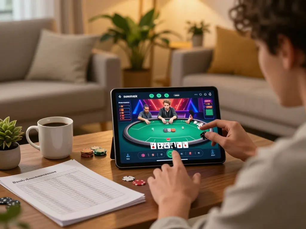 Engaging gameplay with sunwinapk app on tablet, showing poker strategy in a cozy home setting.