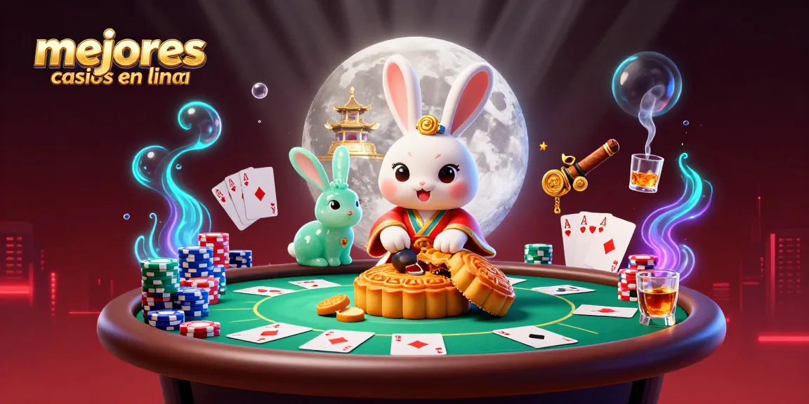 Ilustración de los mejores casinos en línea, mostrando un conejo de luna jugando con fichas de póker y mesas de casino.