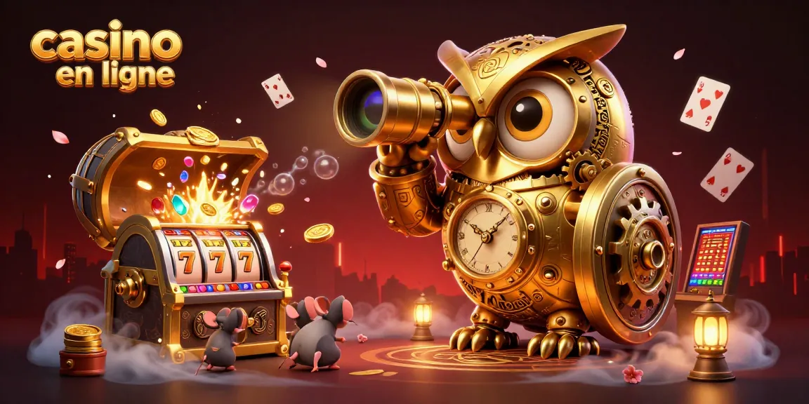 Vue dynamique du casino en ligne avec une chouette d'or et des machines à sous scintillantes.