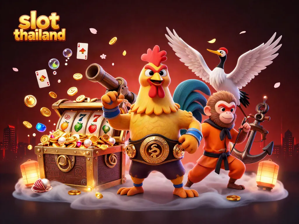 Experience the thrill of slot games in Thailand with vibrant characters and dynamic casino elements.