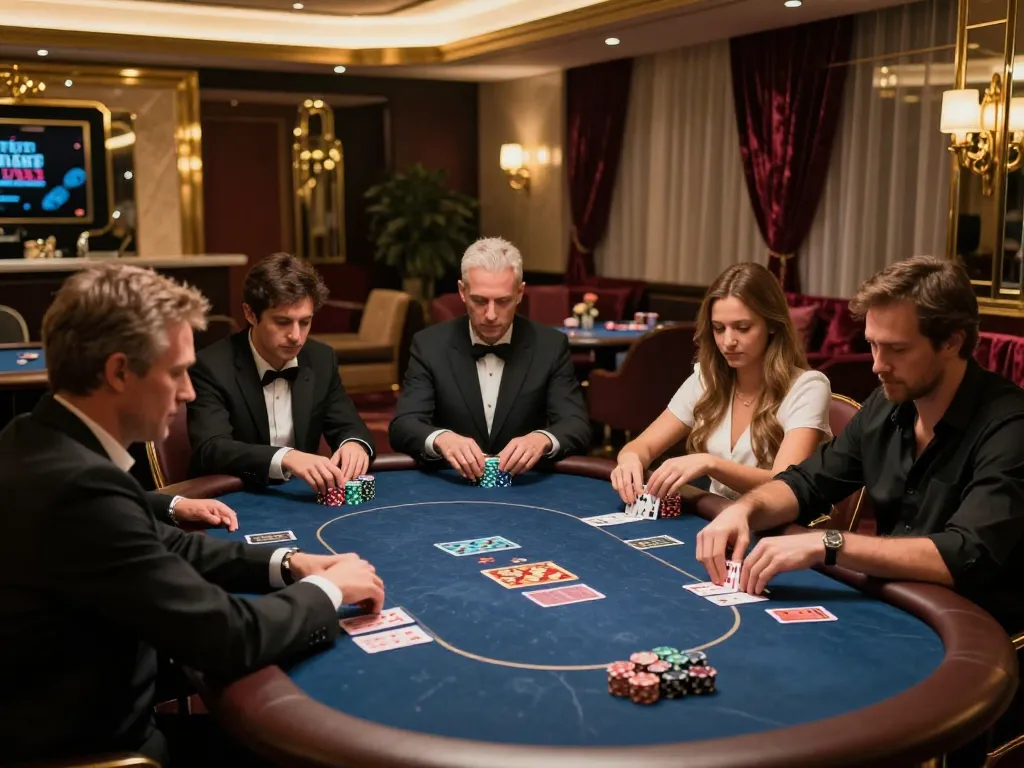 Engaged players at high-stakes poker table in VIP lounge, experiencing slot777 gacor excitement in an elegant casino setting.