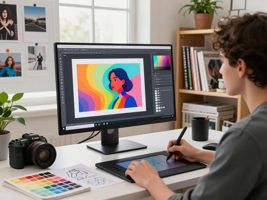Creative professional using Nano Banana Pro AI image editor in a dynamic digital art studio, showcasing vibrant artwork.