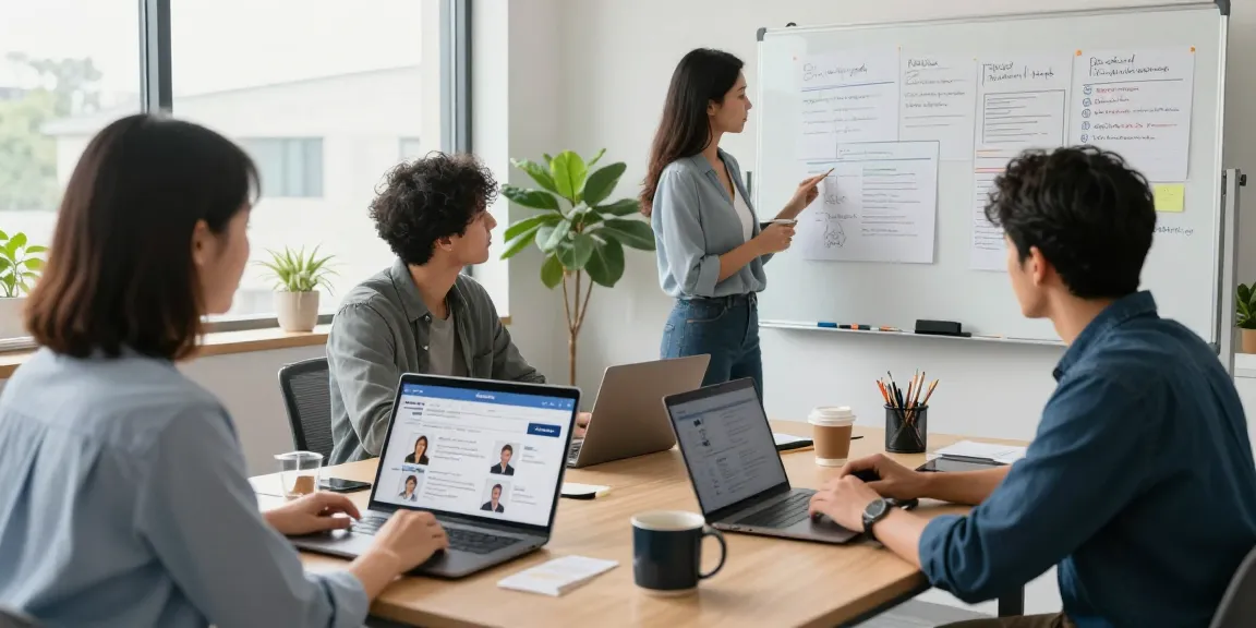 Hiring manager and team reviewing candidates to hire talent in Latin America in a modern office.