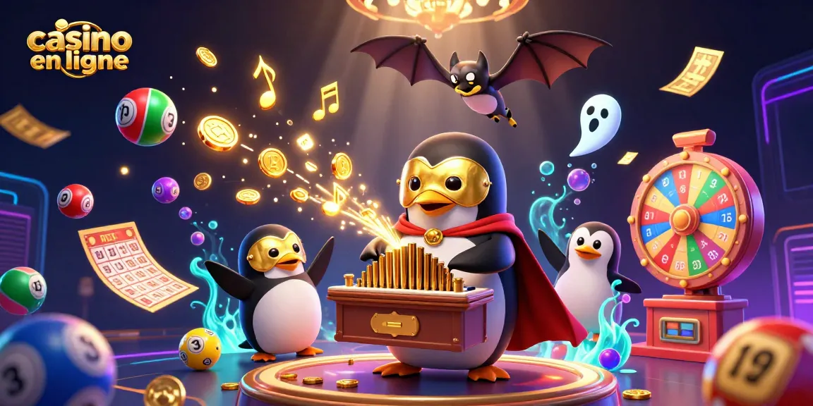 Les joueurs de casino en ligne découvrent un spectacle animé avec un pingouin et des éléments de loterie colorés.