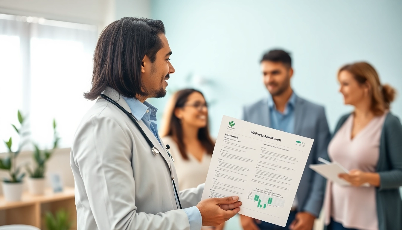 Engaging health consultant assisting individuals in a welcoming clinic, emphasizing Health and wellness.
