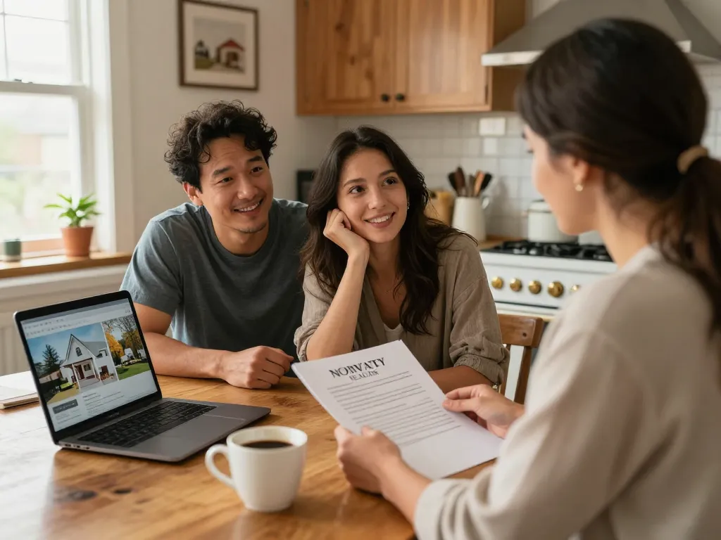Cash home buyers discussing paperwork in a cozy kitchen setting