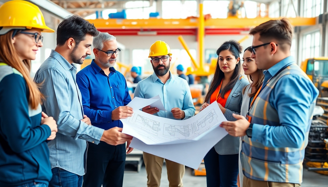 Engaged professionals in construction management training reviewing plans in a vibrant office setting.