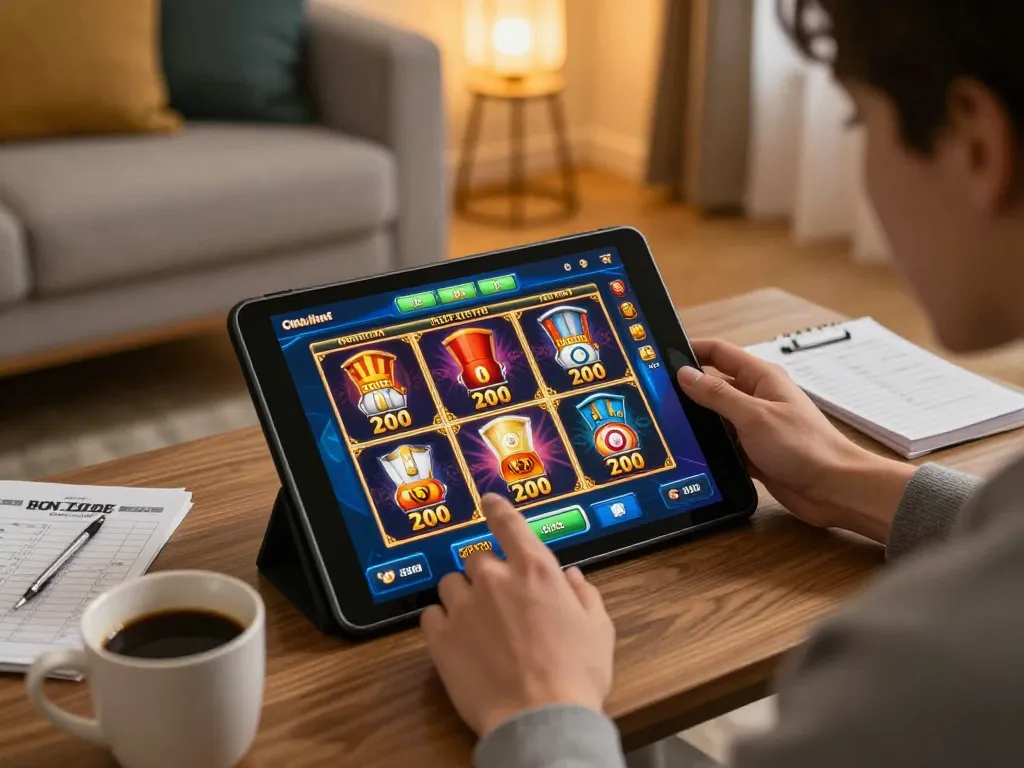 Player exploring slot bet 200 options on tablet in cozy home setting, highlighting comfortable online gaming.