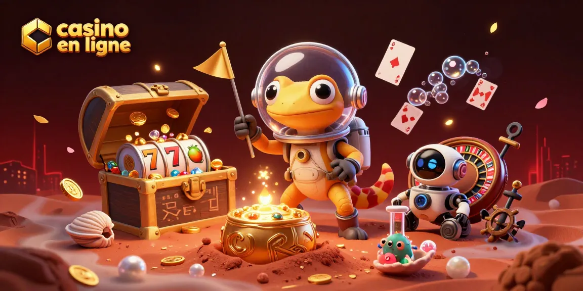 Plongez dans l'univers du casino en ligne avec cette illustration 3D d'un gecko martien et un casino doré sur Mars.