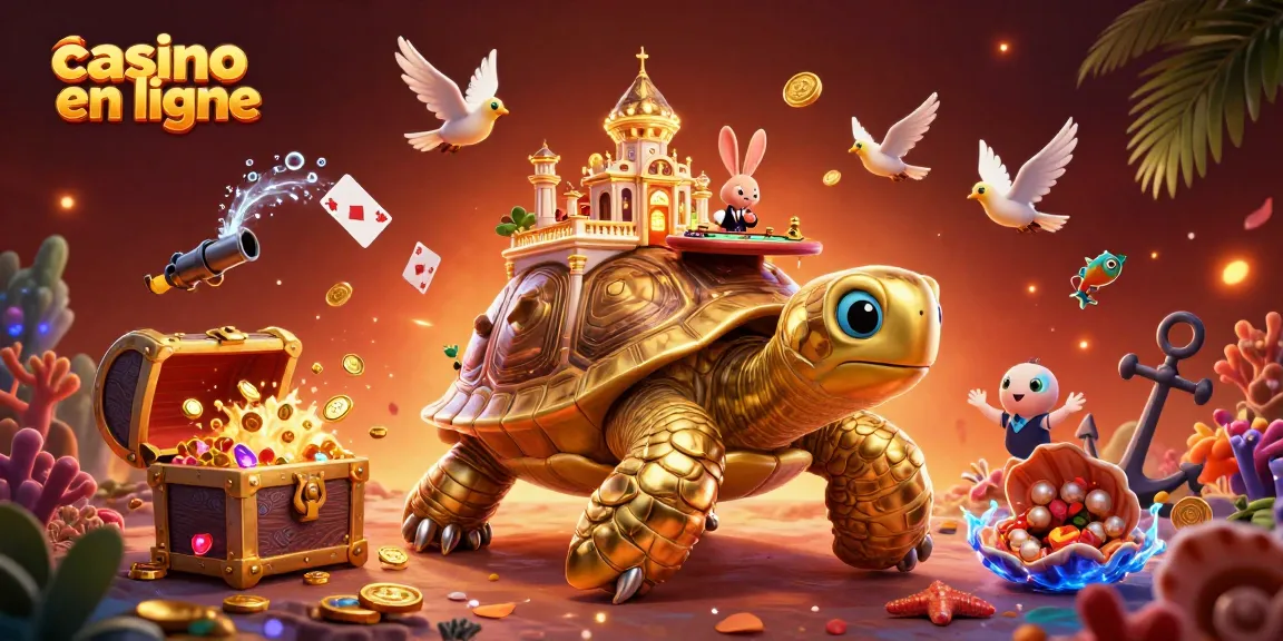 Vivez l'excitation d'un casino en ligne avec une tortue dorée et un croupier lapin jouant.