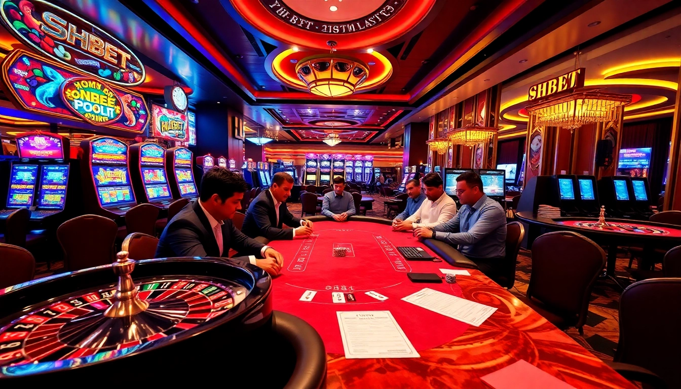 SHBET branded vibrant casino scene showcasing poker and slot machines.