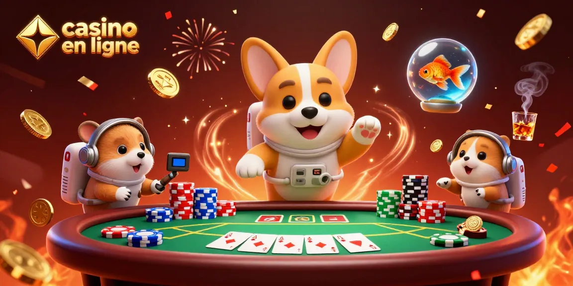 Illustration dynamique d'un casino en ligne avec un corgi astronaute et un hamster en mission.