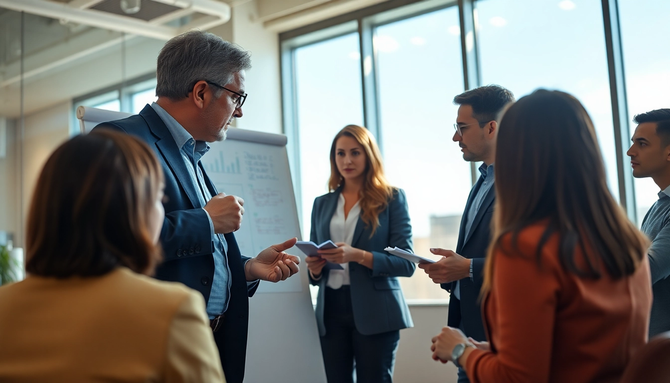 Active corporate coach facilitating a productive session with executives in a bright office.