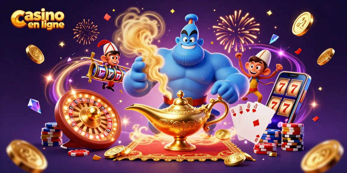 Jouer au casino en ligne avec un génie, des dés et des jetons colorés éclatants.