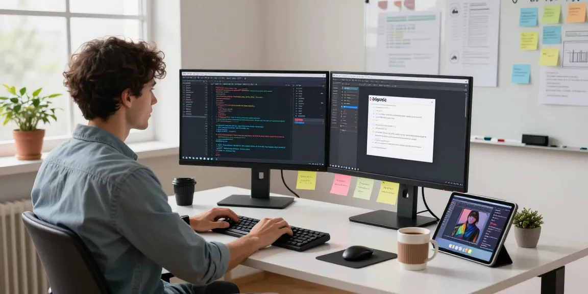 Developer using snipaste in a modern workspace with dual monitors, coffee, and plants