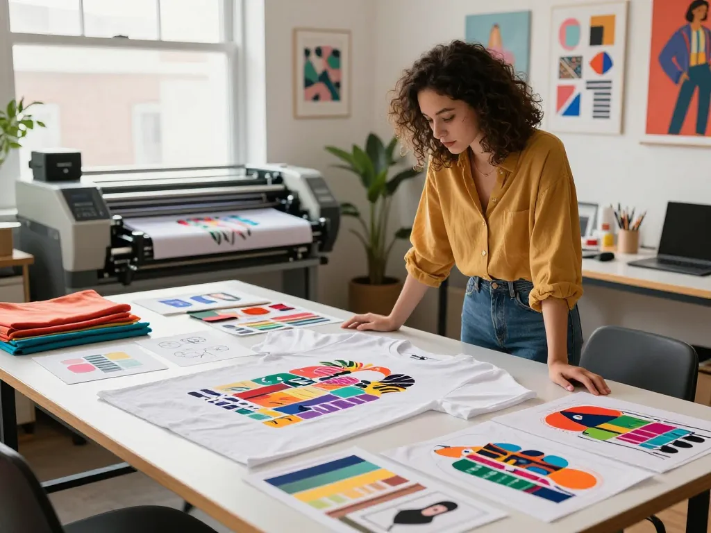 Creative designer examining vibrant luminous printing t-shirts in a modern studio