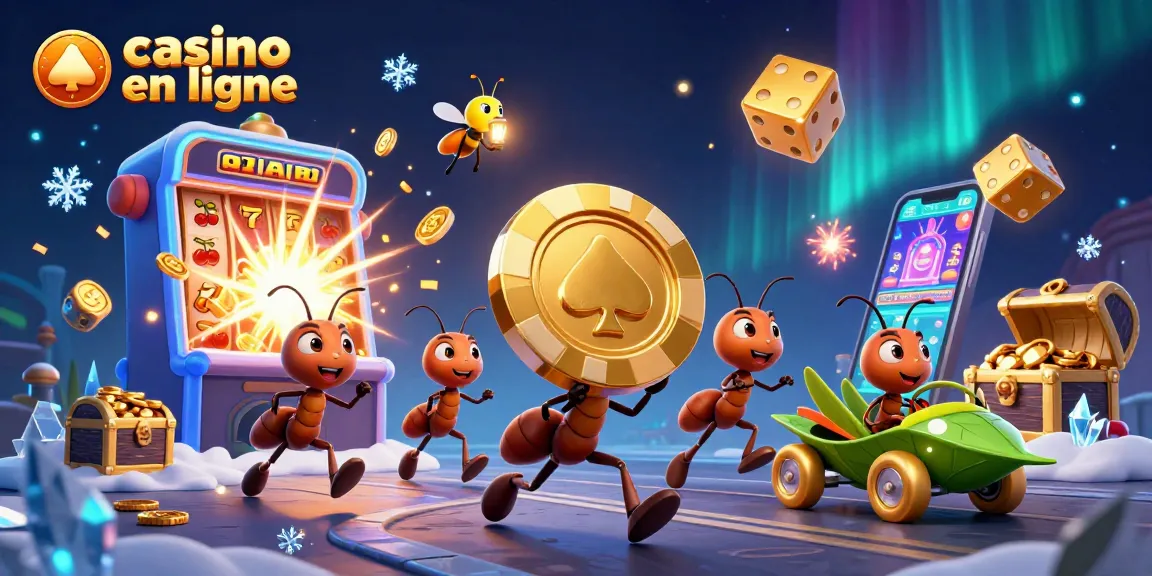 Une illustration animée des fourmis transportant un jeton de poker dans un tunnel, représentant un casino en ligne.