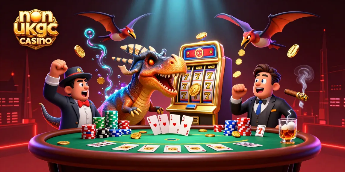 Exciting scene of non ukgc casino, featuring a pachycephalosaurus celebrating a slot machine jackpot as casino elements fly around.