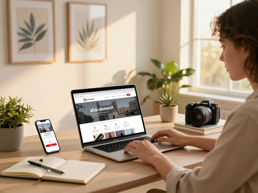 Shs-dome5.com user experience showcasing online shopping in a stylish home office.