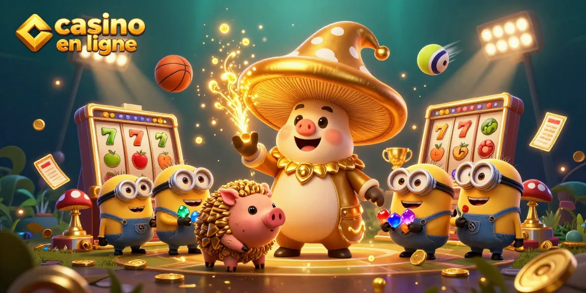 Illustration de casino en ligne avec un mage champignon magique découvrant des trésors, des machines à sous, et des pièces d'or.