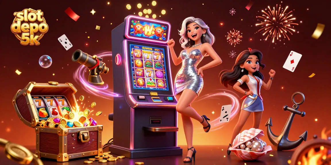 Experience the excitement of slot depo 5k with a glamorous jackpot celebration and vibrant casino elements.
