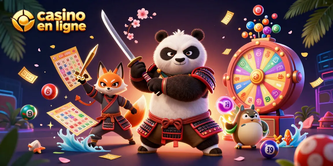 Embarquez dans l'univers du casino en ligne avec cette scène dynamique de personnages colorés et éléments de jeu captivants.