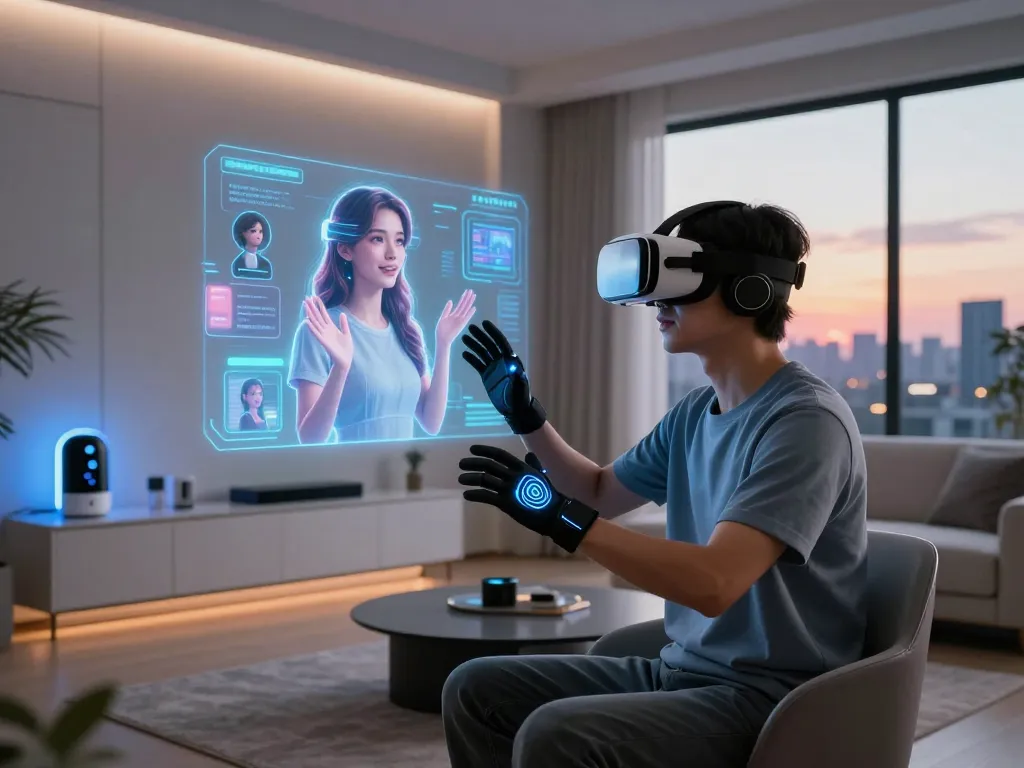AI girlfriend interaction in immersive virtual reality experience with engaging holographic character in modern living space.