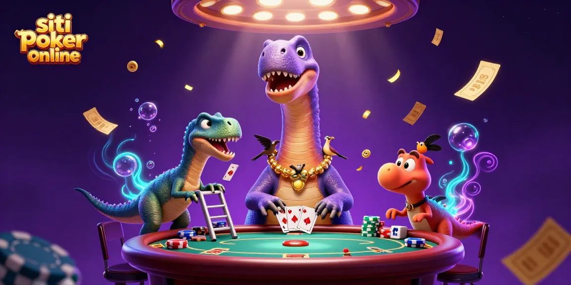 Gioca ai migliori siti poker online con un brontosauro che osserva un tavolo da poker, mentre un raptor distribuisce le carte.