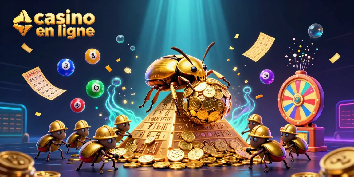 Un jeu de casino en ligne avec un scarabée d'or et des boules de loterie colorées.