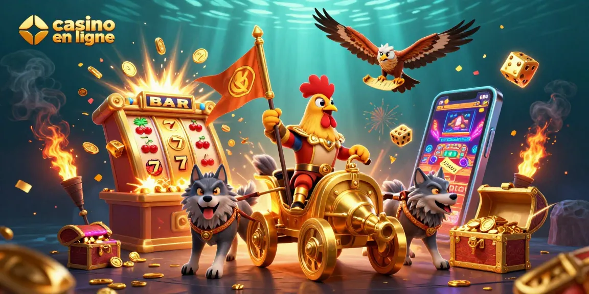 Le casino en ligne propose une illustration 3D dynamique et colorée avec un roi coq et des éléments de jackpot.