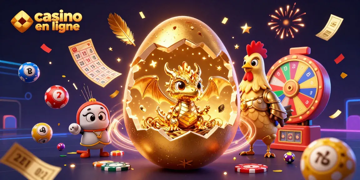 Le casino en ligne offre des jeux captivants, avec une illustration riche de dragon doré et des billets de loterie colorés.