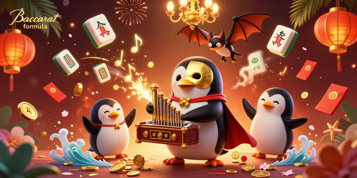 Baccarat formula showcase in a vibrant 3D casino scene, featuring a penguin playing an organ with golden musical notes.