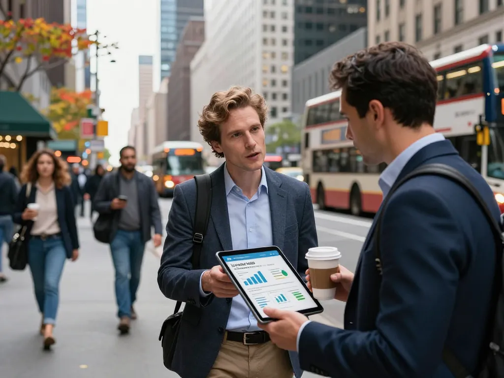 Dynamic business professional discussing Local SEO NYC strategy in vibrant city street.