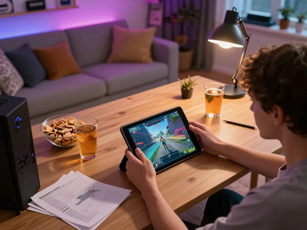 Engaging in a thrilling nsfw game on a tablet at a cozy home setup showcasing snacks and strategy notes