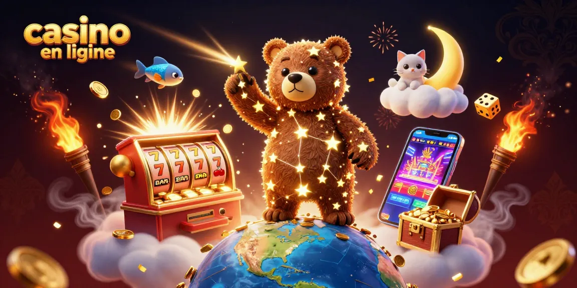 Explorez le monde des jeux avec casino en ligne, illustrations dynamiques de machines à sous rayonnantes.