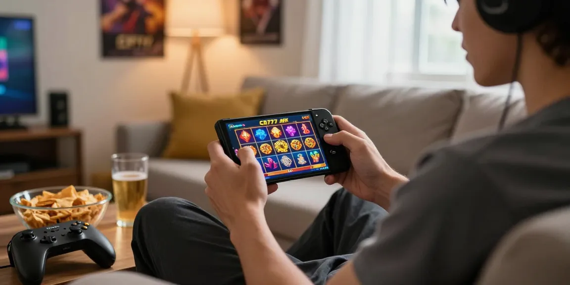 Pengguna memainkan slot gacor di CR777 APK dengan antusias, dikelilingi suasana nyaman dan pencahayaan hangat.