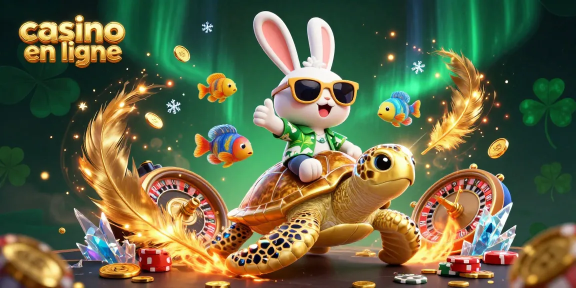 Visuel captivant de casino en ligne avec un lapin chanceux et une tortue dorée entourés de jetons et de pièces d'or.