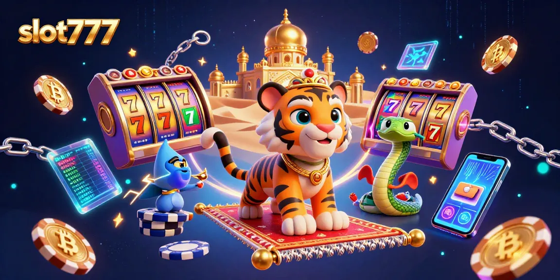 Menangkan mesin slot777 dengan simbol keberuntungan dan uang berkilau yang mengelilingi karakter