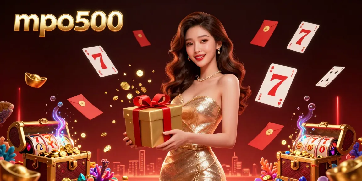 MPO500 showcases a vibrant casino scene with golden coins, festive elements, and dynamic slot game features.