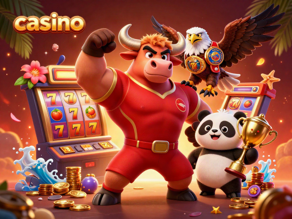 Casino characters celebrating a jackpot win with slot reels and confetti