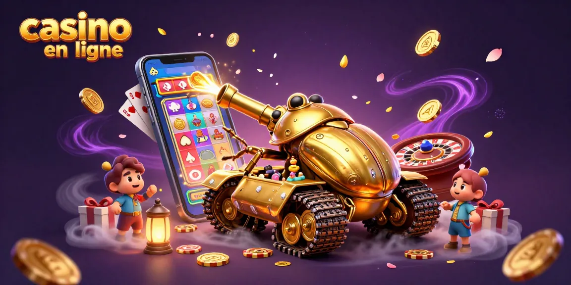 Jouer au casino en ligne avec un tank scarabée doré, des jeux et des pièces éparpillées.
